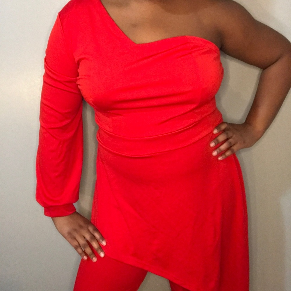 Red One-Arm Jumpsuit - Picture 2 of 5